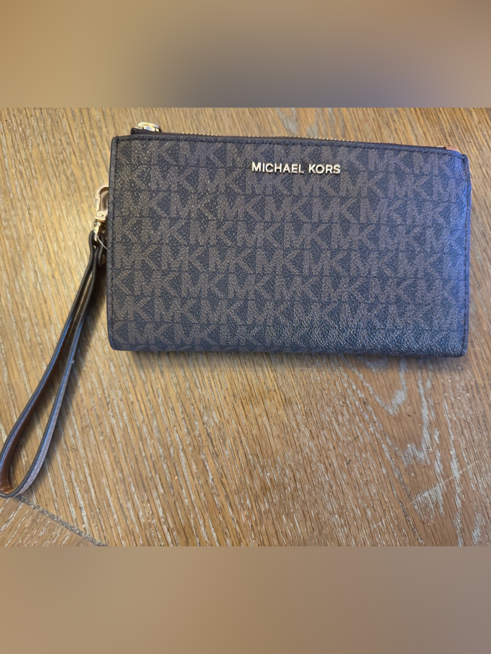 Michael Kors Jet Set Dark Brown Monogram Wristlet with Gold Logo